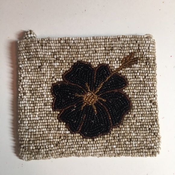 Floral Hand Beaded Wallet Change Purse Browns Black 4.75"x4" - Picture 3 of 7
